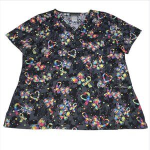 Cherokee Women's XL Scrub Shirt Top Autism Awareness Puzzle Rainbow Butterfly